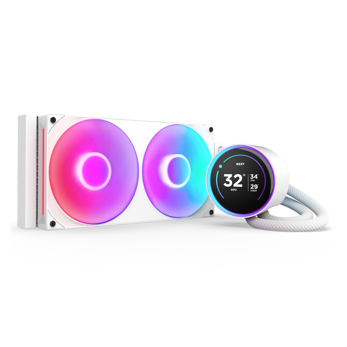 NZXT Kraken Elite 280 RGB white, angled view of the radiator, single-frame RGB fans and pump with the 2.72-inch LCD