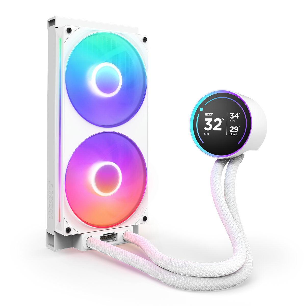 NZXT Kraken Elite 280 RGB white, mounted vertically to show the radiator and braided tubing