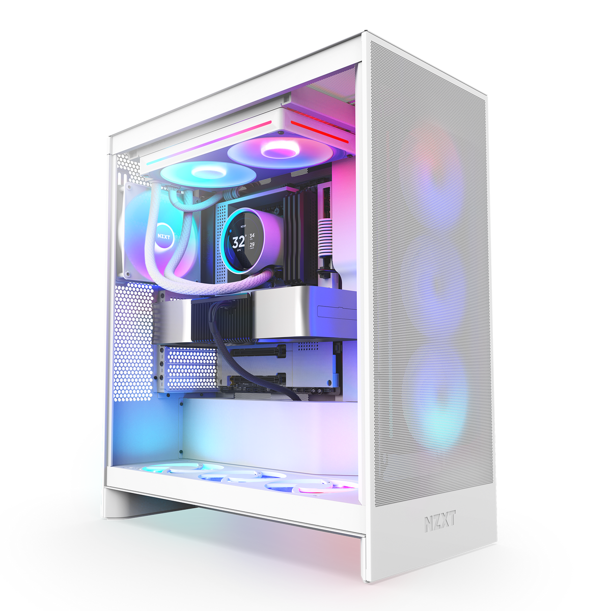 NZXT Kraken Elite 280 RGB white shown at an angle in a completed build behind tempered glass. Components other than the cooler are sold separately.