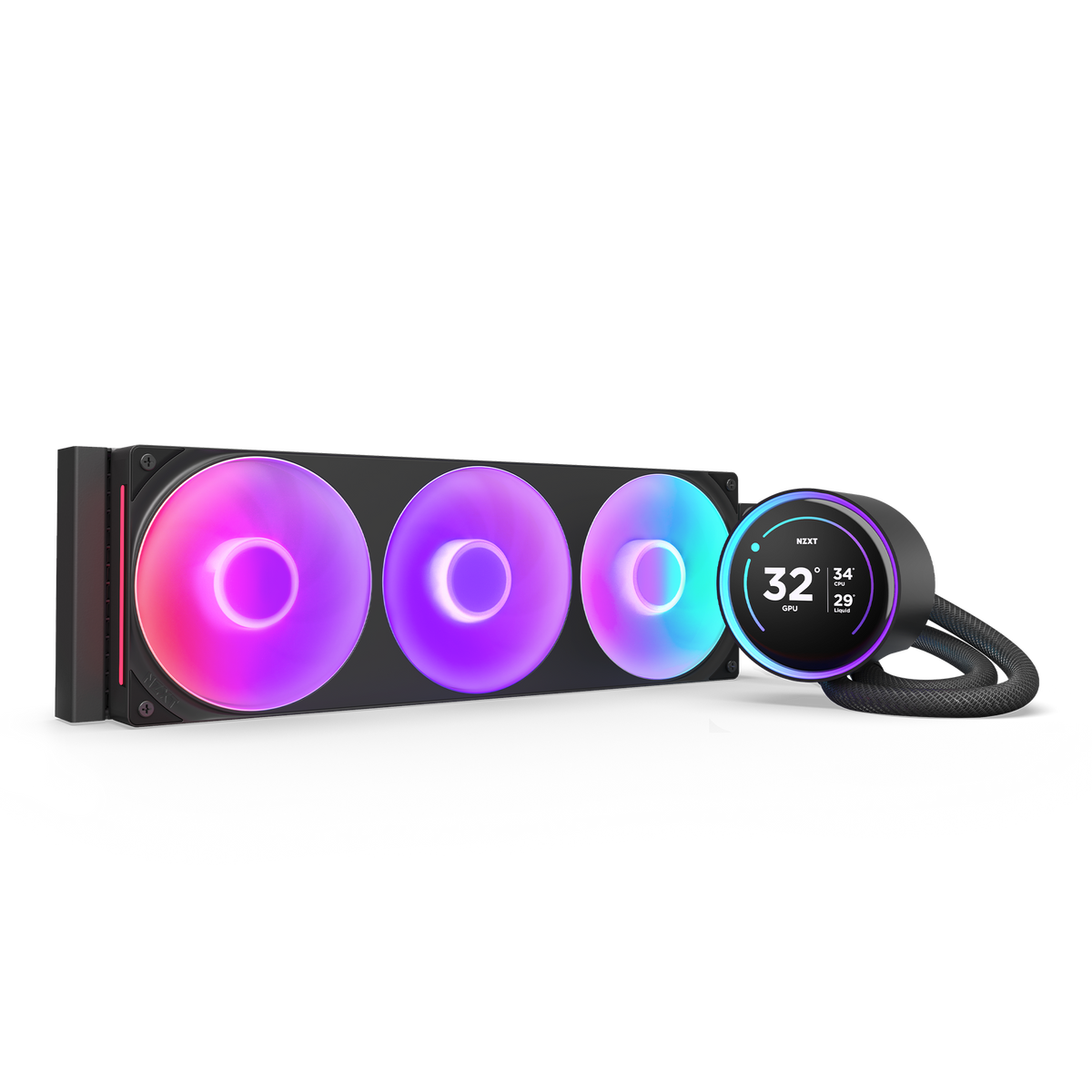 NZXT Kraken Elite 360 RGB black, angled view of the radiator, single-frame RGB fans and pump with the 2.72-inch LCD