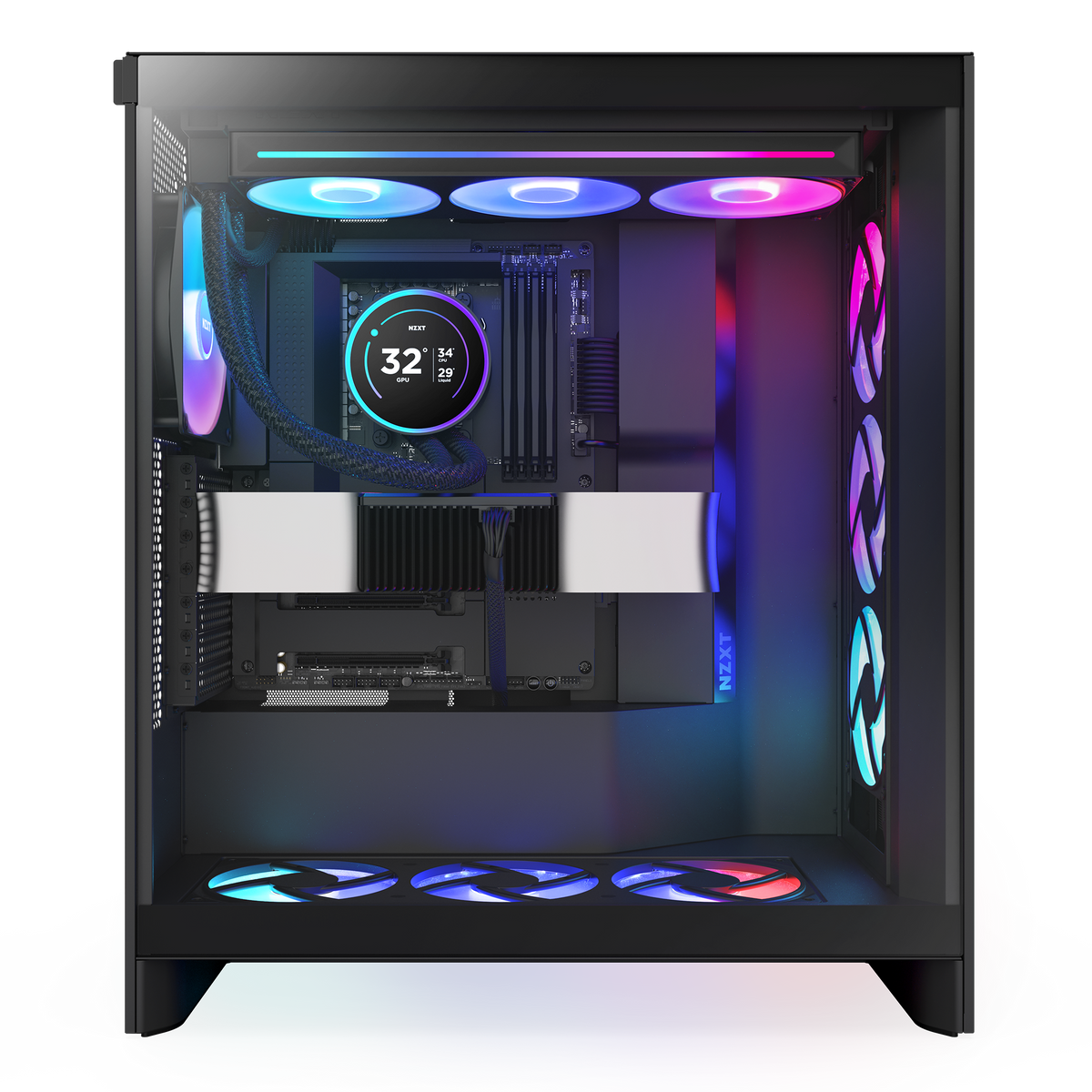 NZXT Kraken Elite 360 RGB black shown in a completed build behind tempered glass. Components other than the cooler are sold separately.