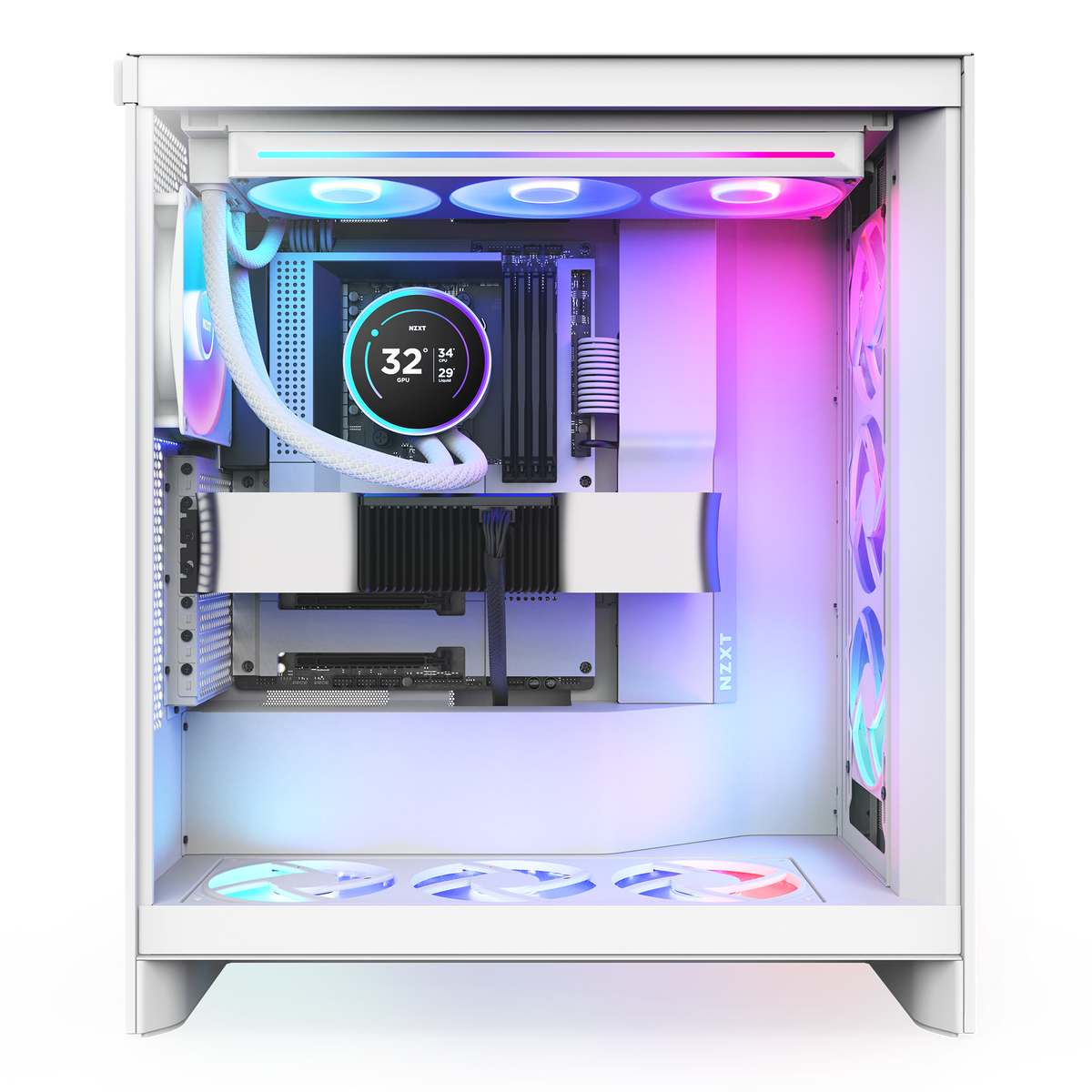NZXT Kraken Elite 360 RGB white shown in a completed build behind tempered glass. Components other than the cooler are sold separately.