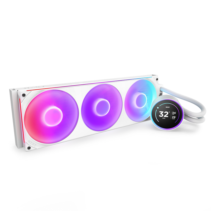 NZXT Kraken Elite 420 RGB white, angled view with RGB fans lit