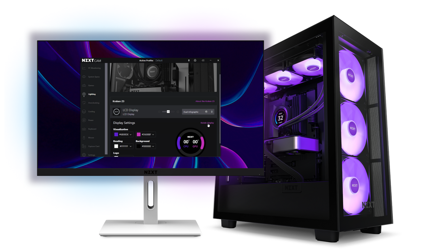 NZXT CAM controlling a Kraken cooler — monitoring temperatures, fan curves, and RGB