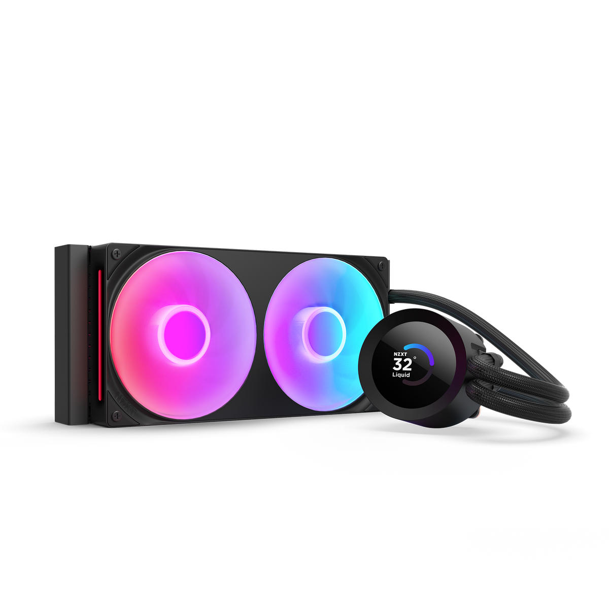 NZXT Kraken Plus 240 RGB black, hero angle of the radiator, pump and braided tubing with RGB lighting on