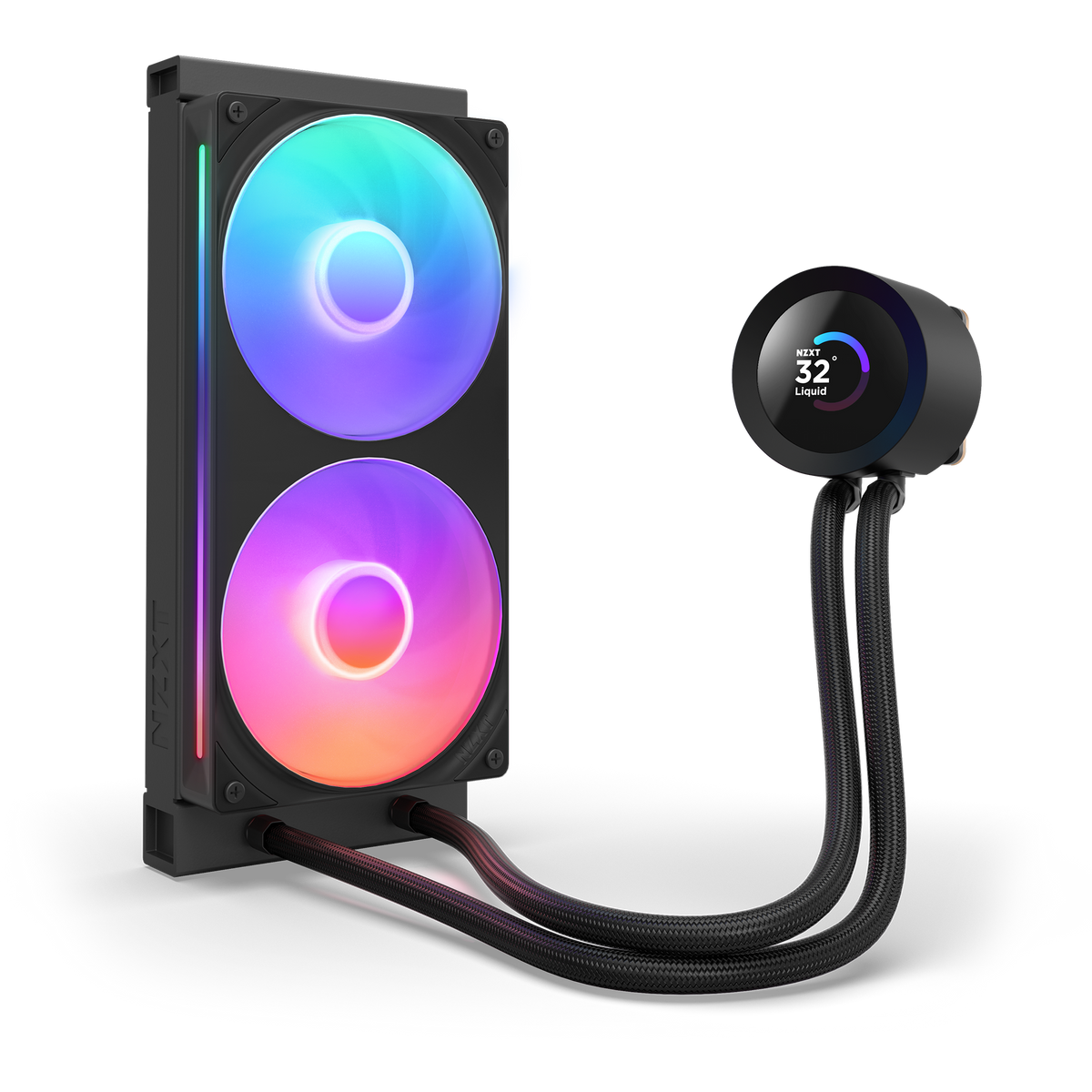 NZXT Kraken Plus 240 RGB black, mounted vertically to show the lit fans along the radiator