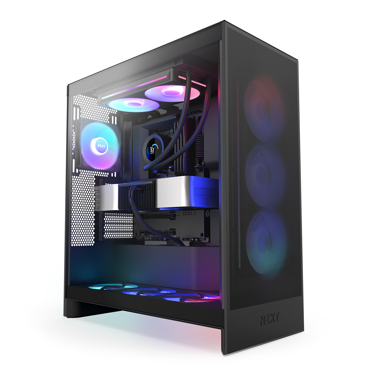 NZXT Kraken Plus 240 RGB black shown in a completed build behind tempered glass. Components other than the cooler are sold separately.