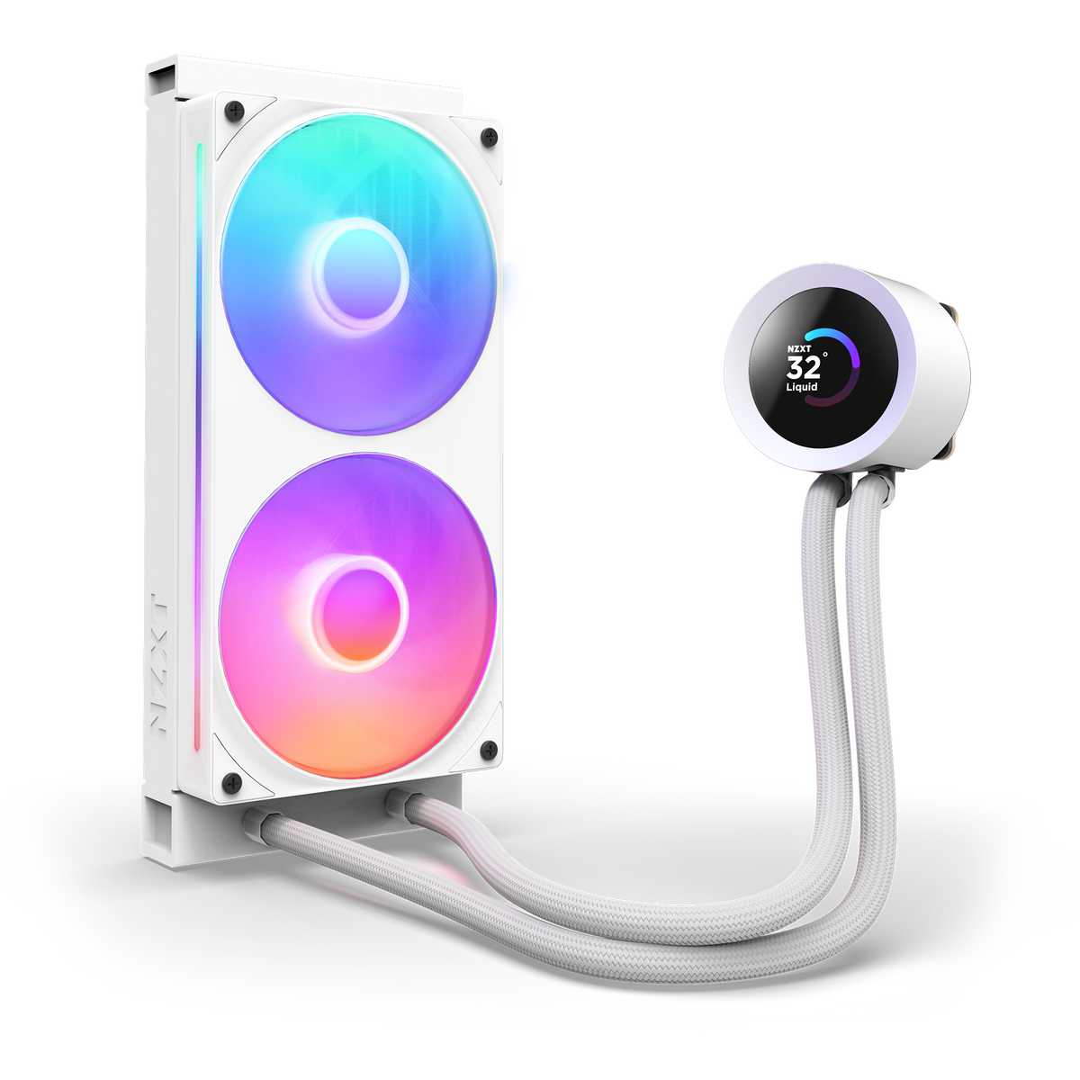 NZXT Kraken Plus 240 RGB white, mounted vertically to show the lit fans along the radiator
