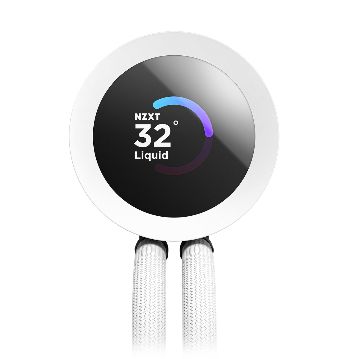 NZXT Kraken Plus 240 RGB white, front view of the pump cap and its round LCD display