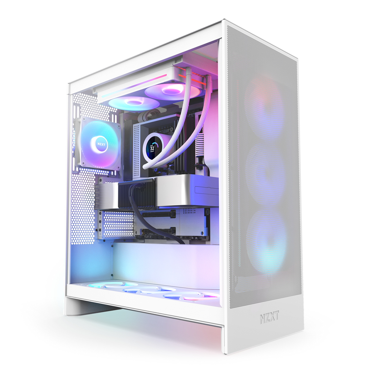 NZXT Kraken Plus 240 RGB white shown in a completed build behind tempered glass. Components other than the cooler are sold separately.