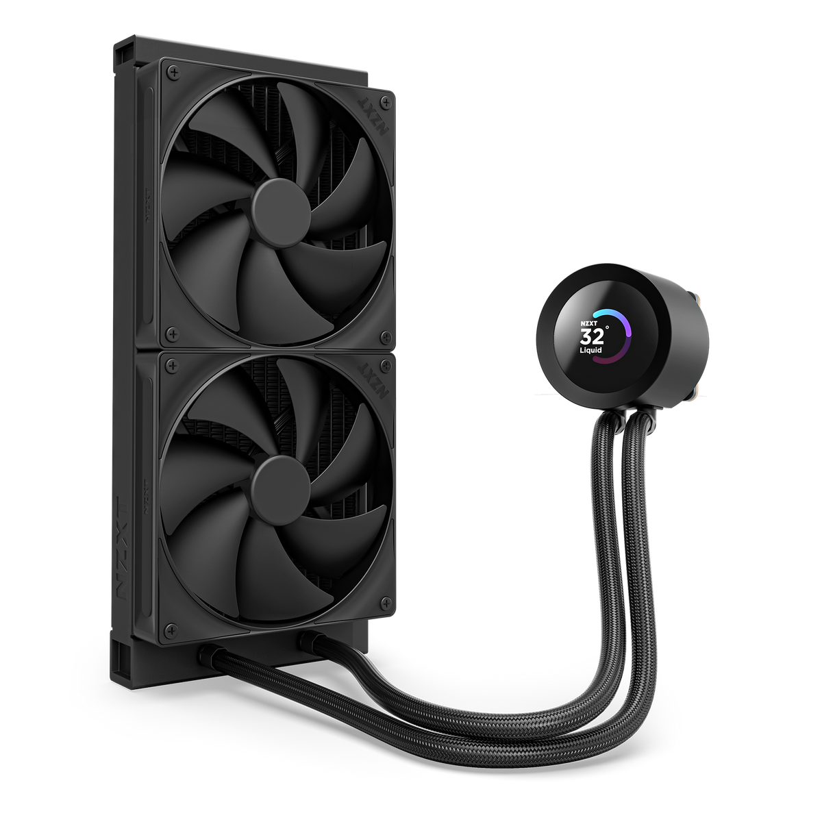 NZXT Kraken Plus 280 black, mounted vertically to show the radiator and braided tubing