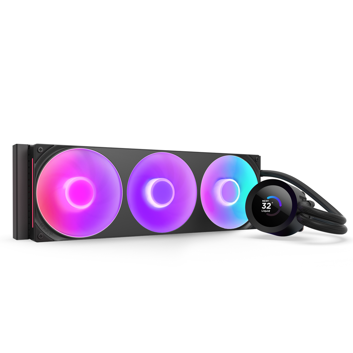 NZXT Kraken Plus 360 RGB black, hero angle of the radiator, pump and braided tubing with RGB lighting on