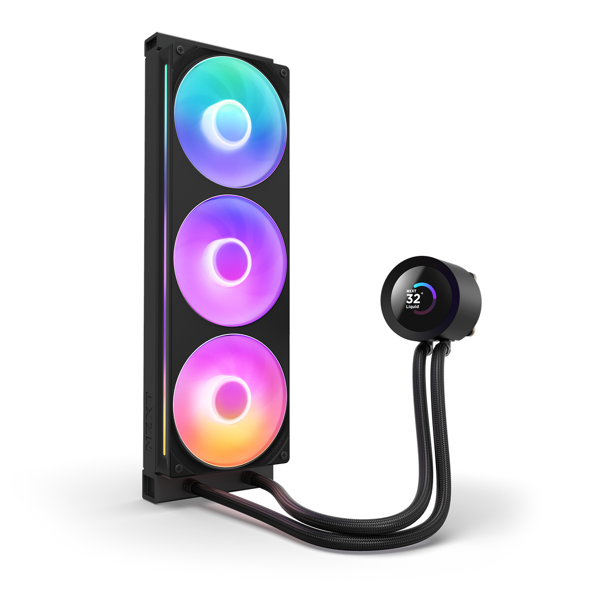 NZXT Kraken Plus 360 RGB black, mounted vertically to show the lit fans along the radiator