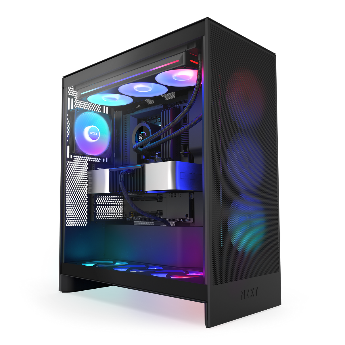 NZXT Kraken Plus 360 RGB black shown in a completed build behind tempered glass. Components other than the cooler are sold separately.