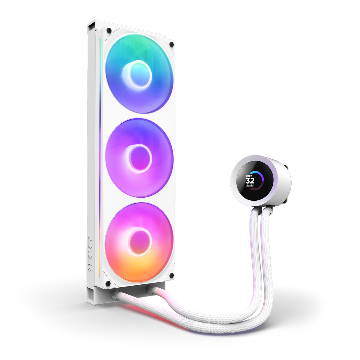 NZXT Kraken Plus 360 RGB white, mounted vertically to show the lit fans along the radiator