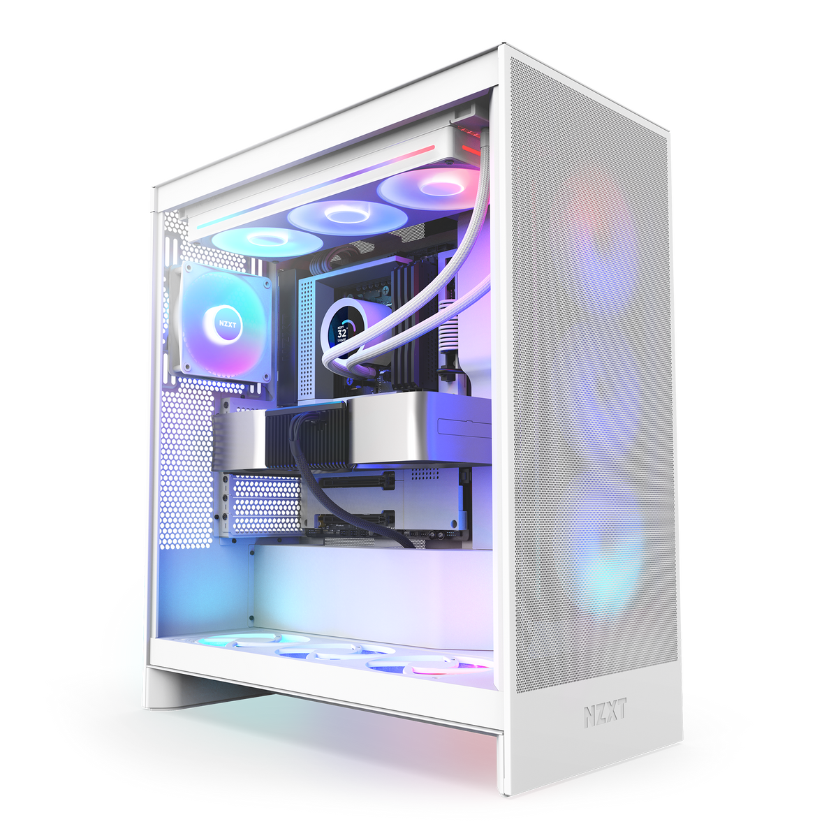 NZXT Kraken Plus 360 RGB white shown in a completed build behind tempered glass. Components other than the cooler are sold separately.