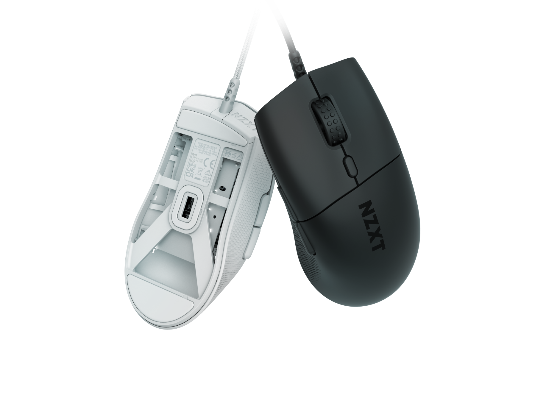 Two NZXT wired computer mice, one white showing its underside and one black showing its top, positioned side by side against a white background.