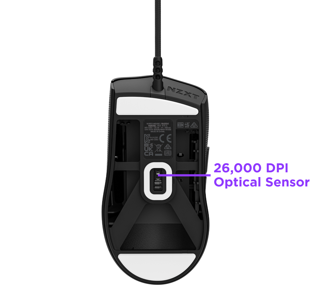A black and white computer mouse displayed from below, showing its 26,000 DPI optical sensor, highlighted with a purple label and arrow.