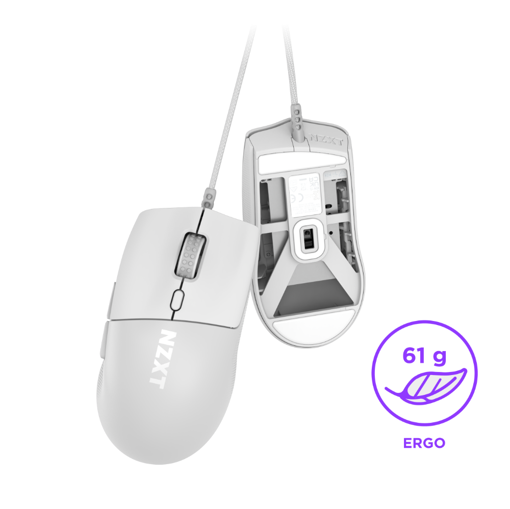 Two wired NZXT computer mice are shown, one facing up and one facing down to display the sensor and internal design. A purple icon indicates the mouse weighs 61 grams and has an ergonomic design.