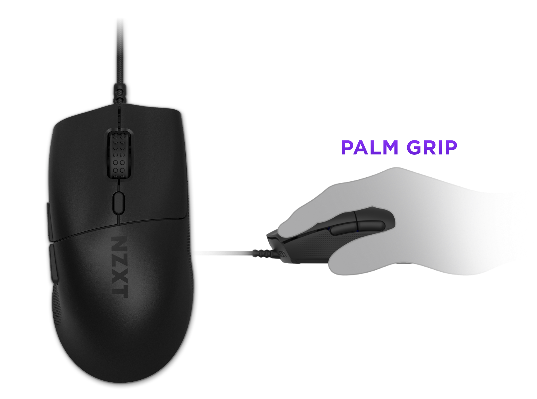 A diagram showing a black NZXT computer mouse held by a semi-transparent hand in a palm grip position, with the label PALM GRIP in purple text above the hand.