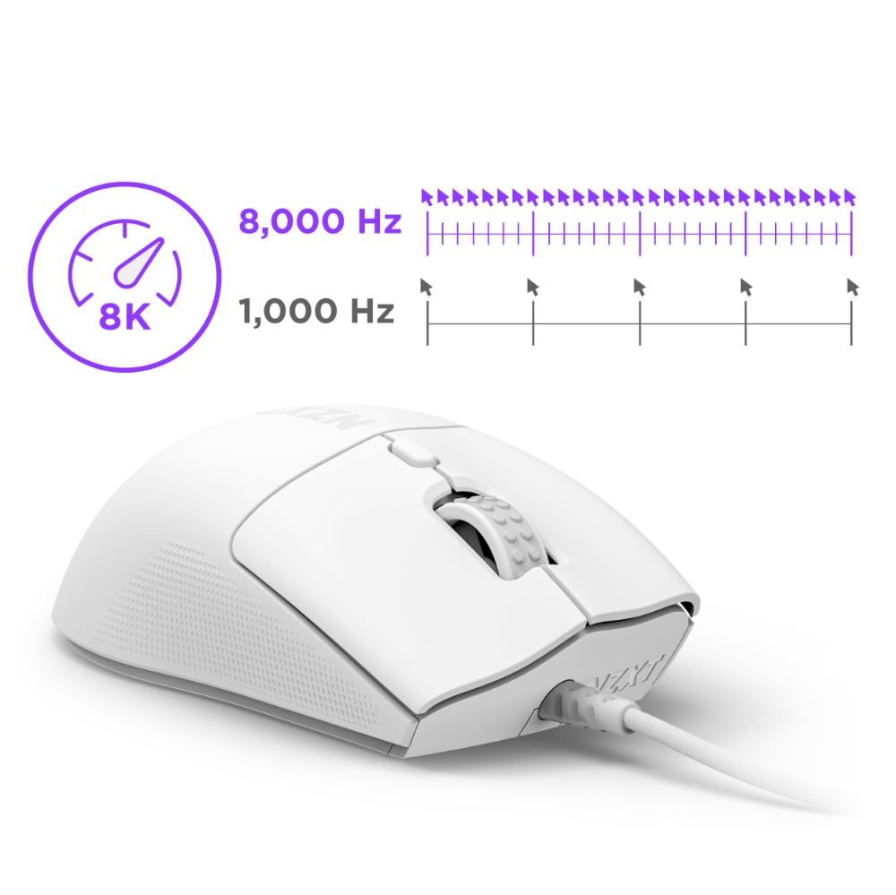 A white wired computer mouse is shown in front of a graphic comparing 8,000 Hz and 1,000 Hz polling rates with purple lines, highlighting the 8K higher frequency.