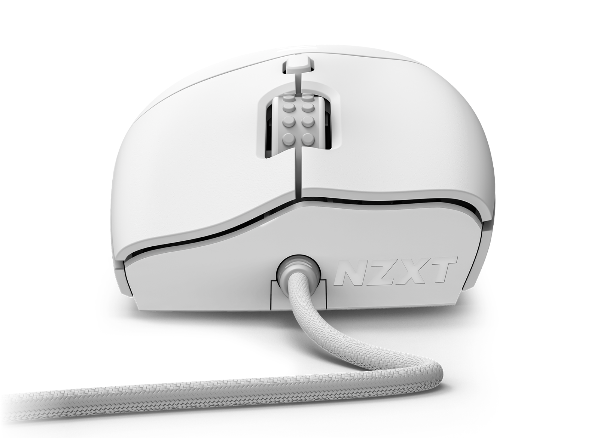 A white NZXT computer mouse is shown from the front, featuring a braided cable and a scroll wheel with textured grip. The NZXT logo is embossed on the lower front panel.