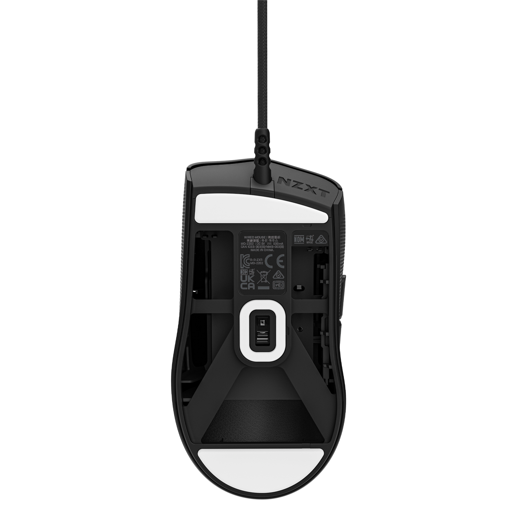 A black NZXT Lift 2 Ergo wired mouse viewed from the bottom, showcasing NZXT branding, a 26,000 DPI optical sensor, and white glide pads at both ends.
