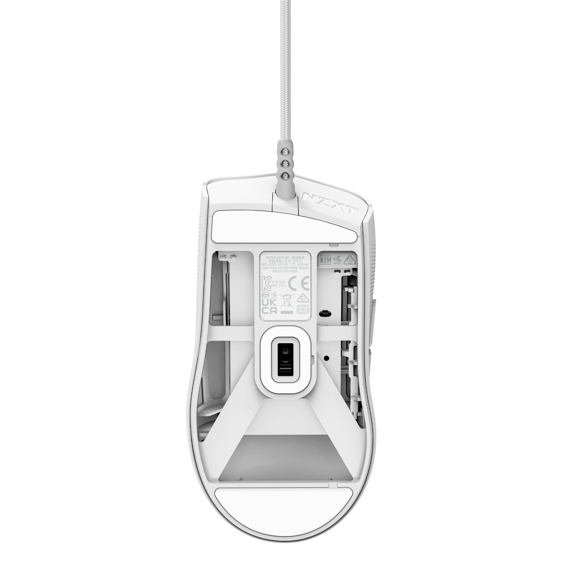 A white wired NZXT Lift 2 Ergo mouse is shown from the bottom, displaying its 26,000 DPI sensor, optical switches, feet pads, internal components, and NZXT logo near the cable connection.