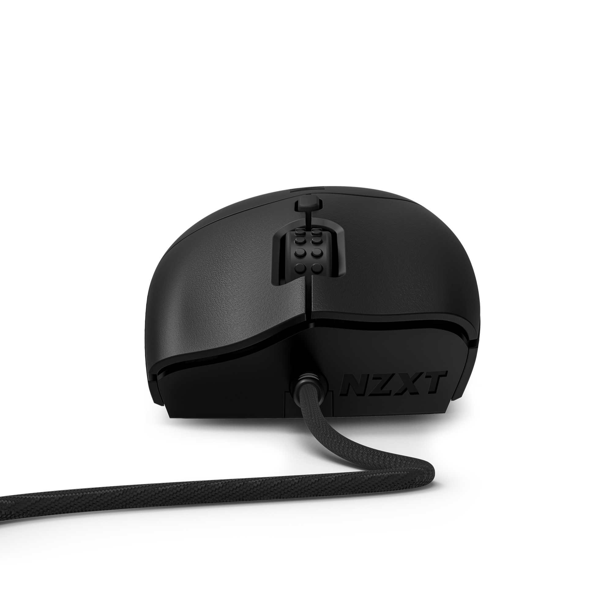 A front view of the NZXT Lift 2 Ergo mouse in black shows its braided cable, scroll wheel, and NZXT logo. Enhanced optical switches and a 26,000 DPI sensor deliver top performance, all set against a solid black background.