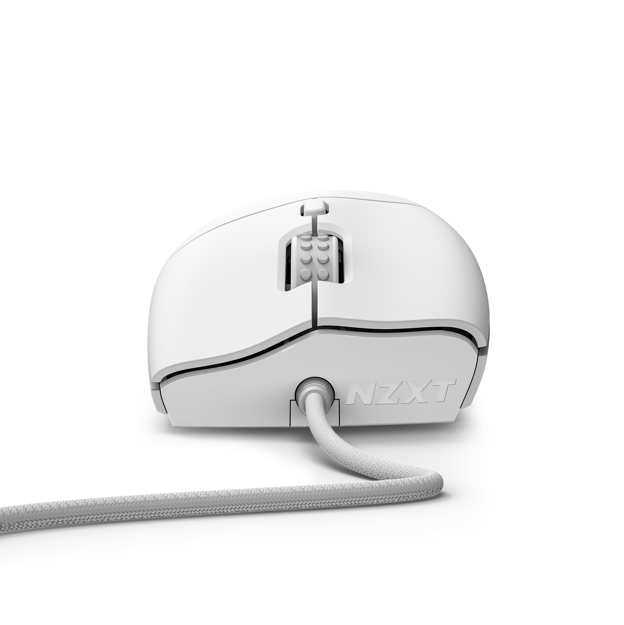 A front view of the NZXT Lift 2 Ergo mouse in white, featuring optical switches, a braided cable, and a textured scroll wheel with the NZXT logo, set against a black background.