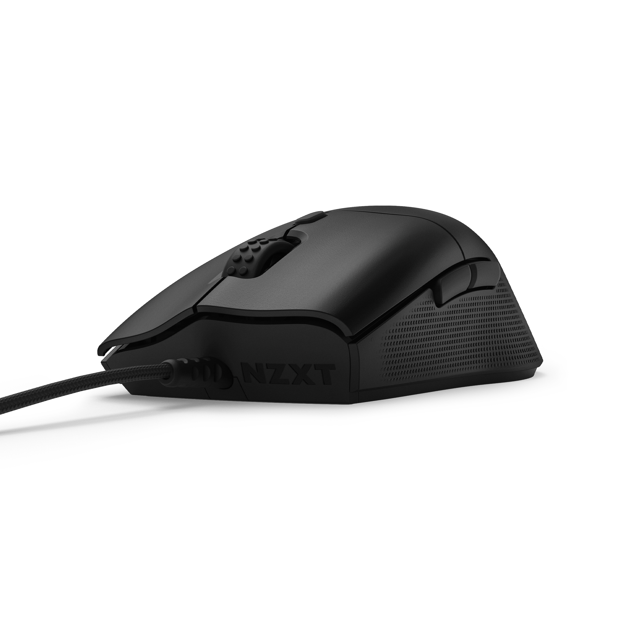 The NZXT Function 2 + Lift 2 Ergo+ MMP400, a black wired mouse with textured side grips and the NZXT logo on the left, is shown against a solid black background.