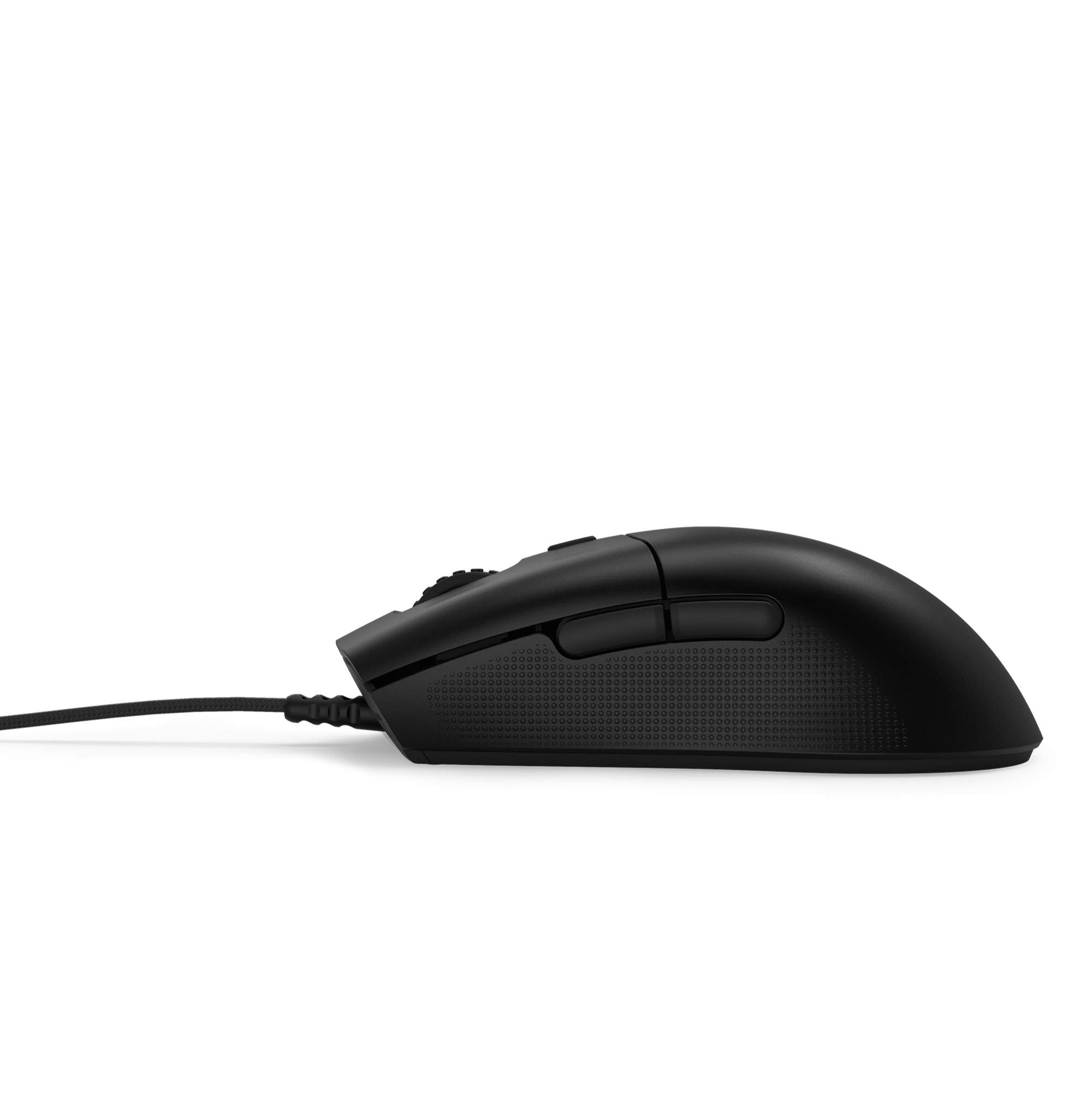 The NZXT Lift 2 Ergo, a black wired mouse with a 26,000 DPI sensor, is shown in side profile against a plain black background. It features two main buttons, a scroll wheel, and two side buttons.