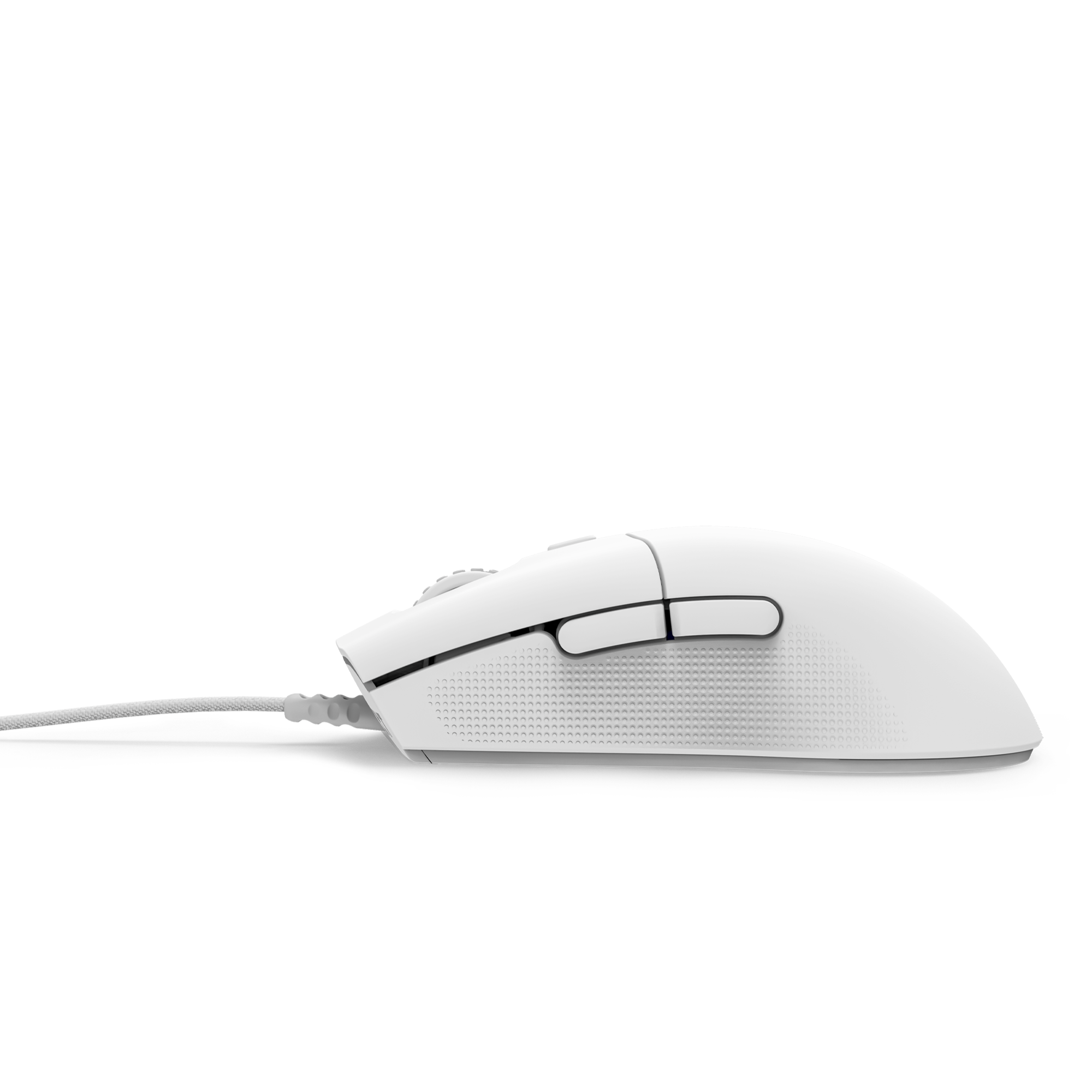 The NZXT Lift 2 Ergo is a white wired mouse with an ergonomic design, 8,000 DPI sensor, two side buttons, optical switches, and a scroll wheel—shown in side profile on a plain white background.