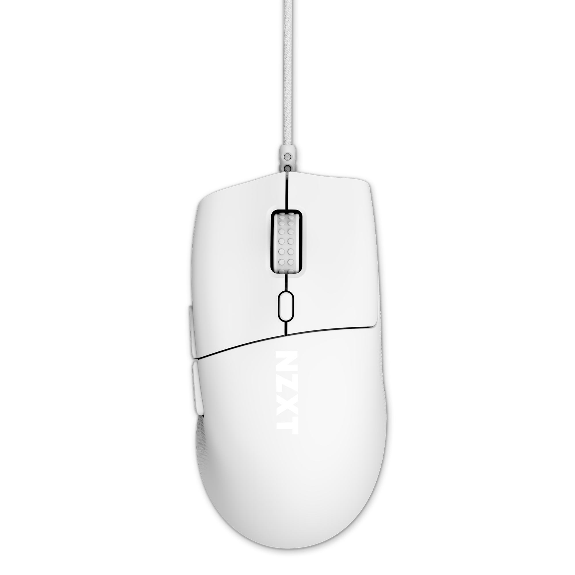 The NZXT Lift 2 Ergo is a white wired computer mouse with two side buttons, a textured scroll wheel, and responsive optical switches for precision. The NZXT logo appears on top, set against a black background.