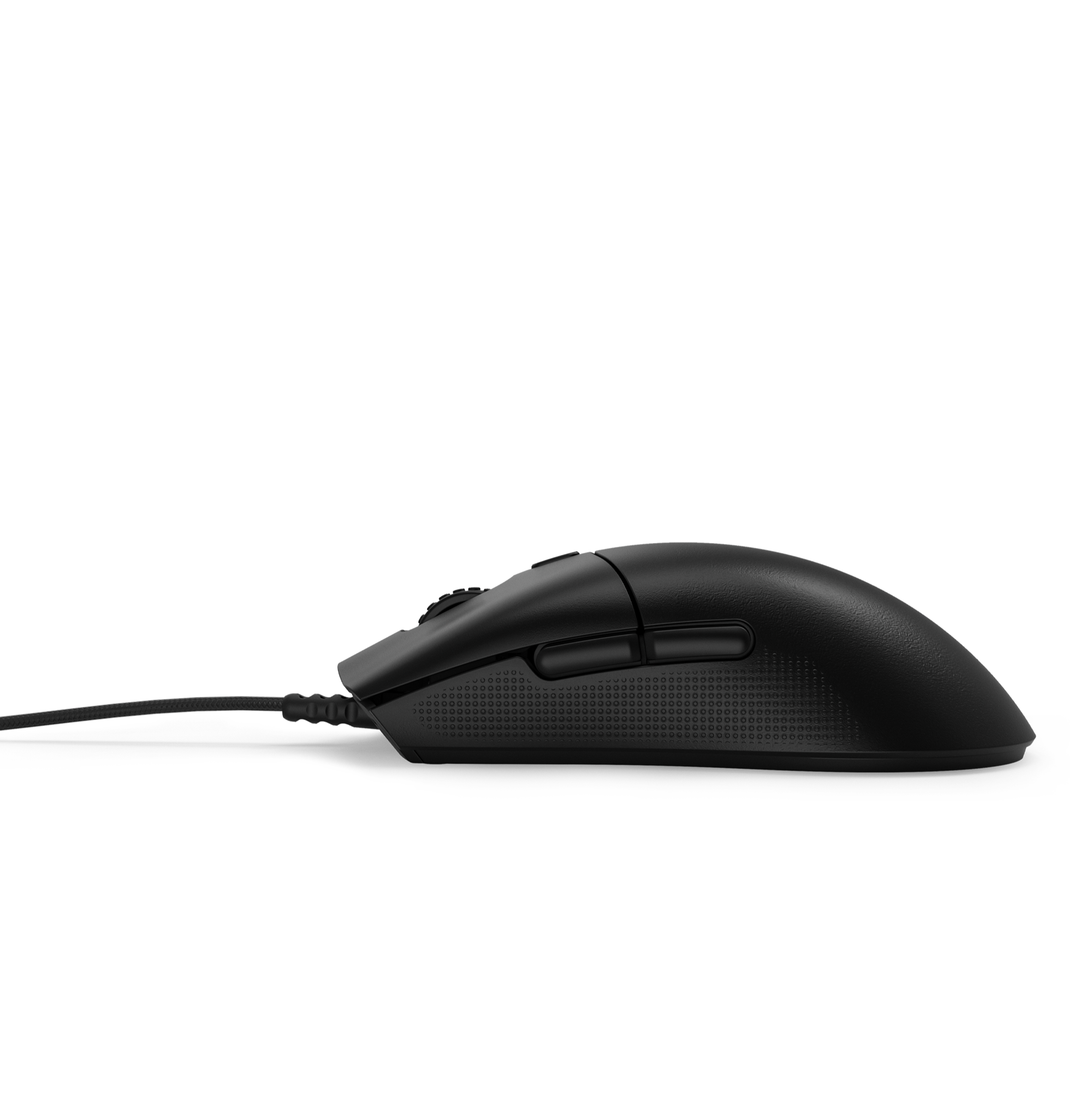 A black NZXT Lift 2 Symm wired mouse with optical switches, dual side buttons, and a textured grip is shown in profile against a plain white background.