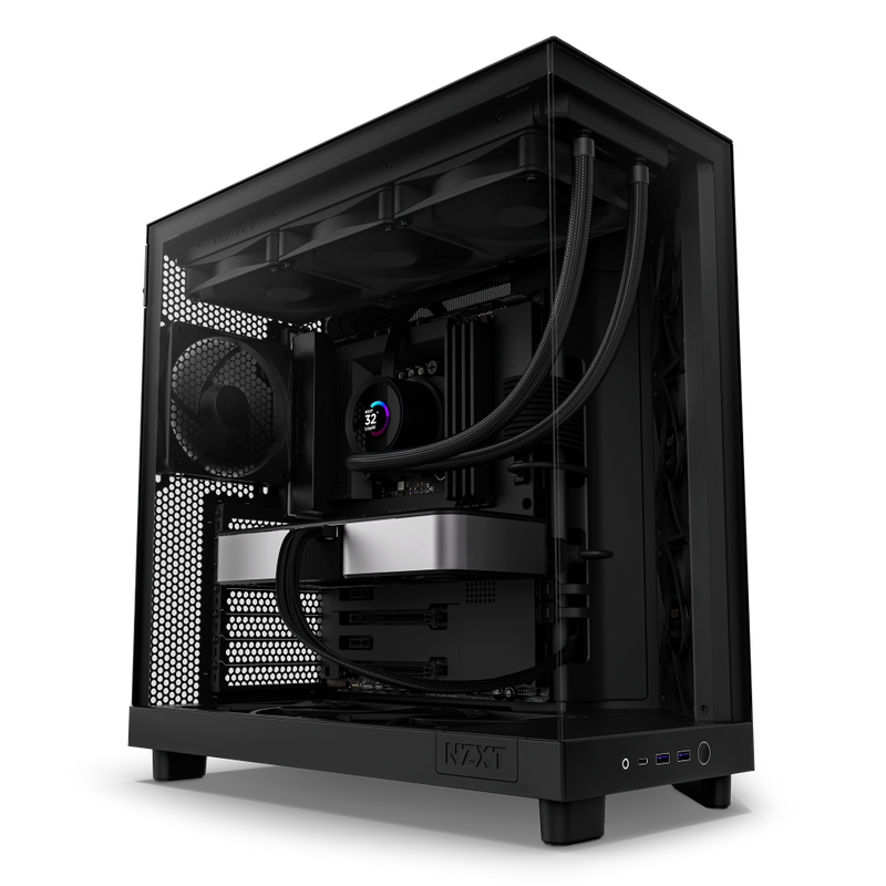 The NZXT H6 Flow is a black PC case with a panoramic glass side panel that showcases cooling fans, liquid cooling tubes, GPU cooling, and an RGB CPU cooler. The front panel includes USB ports and an audio jack.
