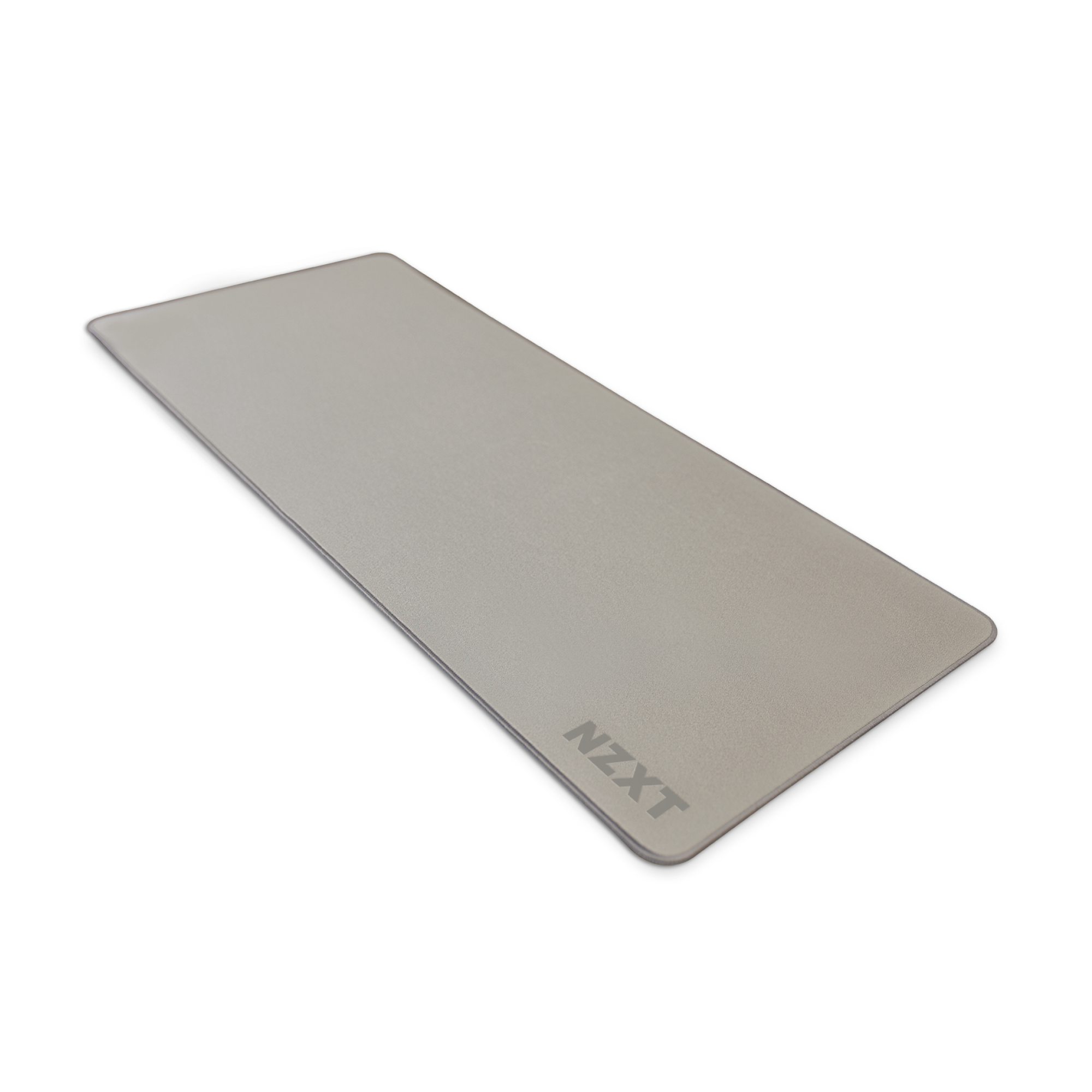The NZXT MXP700 is a mid-sized, rectangular light gray mousepad with rounded edges, stain-resistant coating, and the NZXT logo in one corner, shown at an angle on a white background.