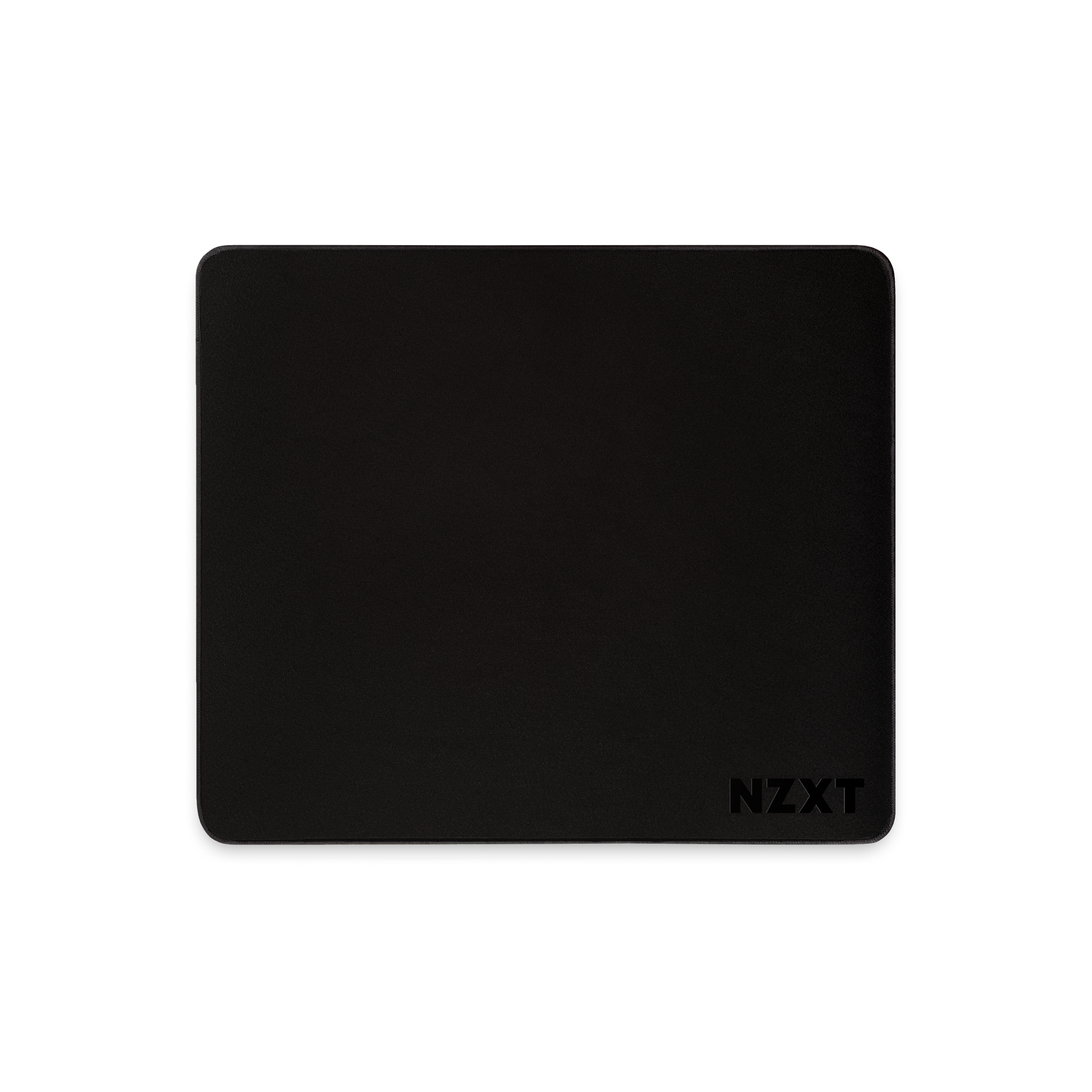 The NZXT MMP400 is a black rectangular mousepad with rounded corners and the NZXT logo in the bottom right, featuring a low-friction surface for smooth mouse movements.