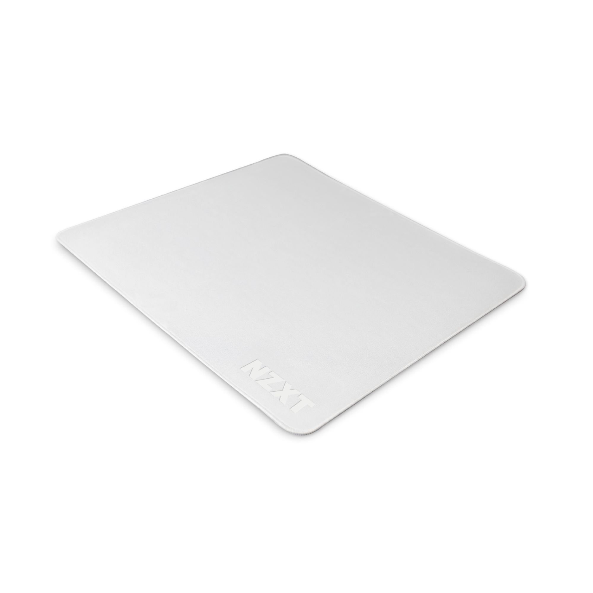 The NZXT MMP400 is a rectangular, white mousepad with rounded corners, a black edge, and the NZXT logo embossed in one corner. It features a stain-resistant, low-friction surface and is shown on a plain white background.