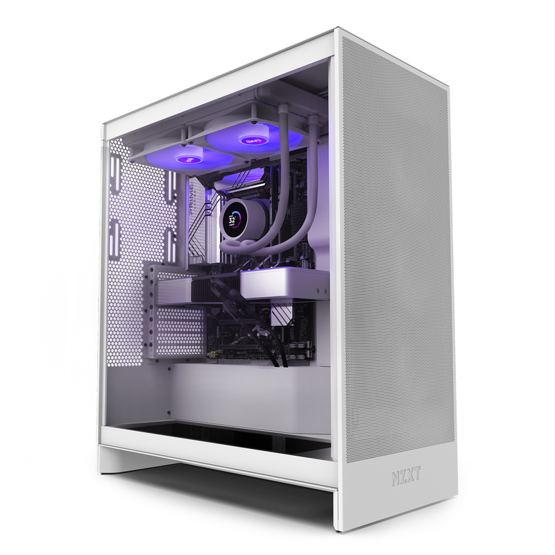 The Refurbished Player Three Base - #8695 by NZXT is a white computer tower with a transparent side panel, showing RGB-lit fans and a purple-lit liquid cooler inside—ideal for anyone seeking a quality prebuilt PC.