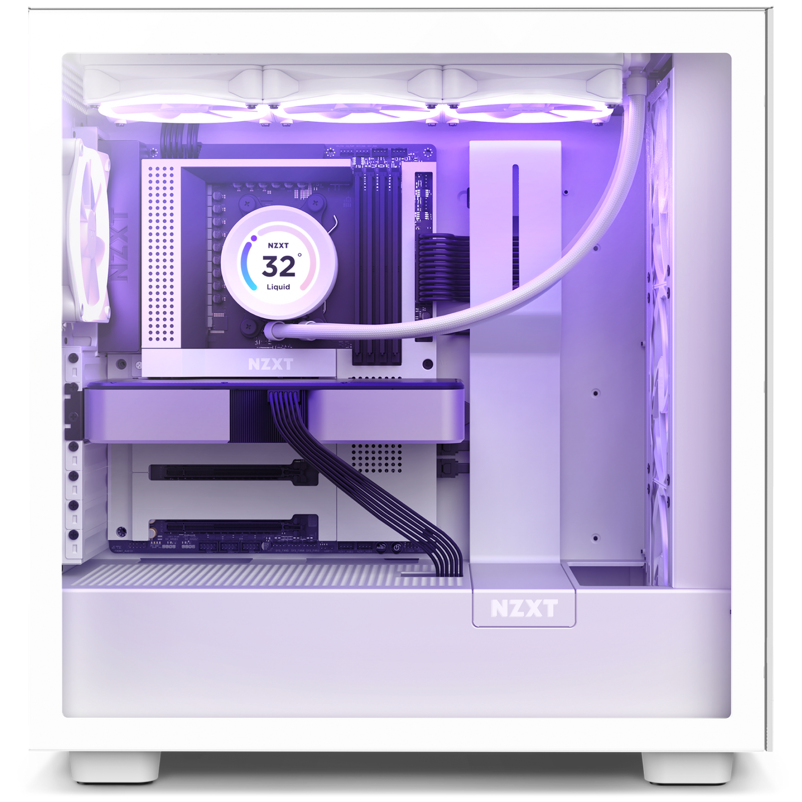 White PC build NZXT N7 B650E riser card vertical GPU