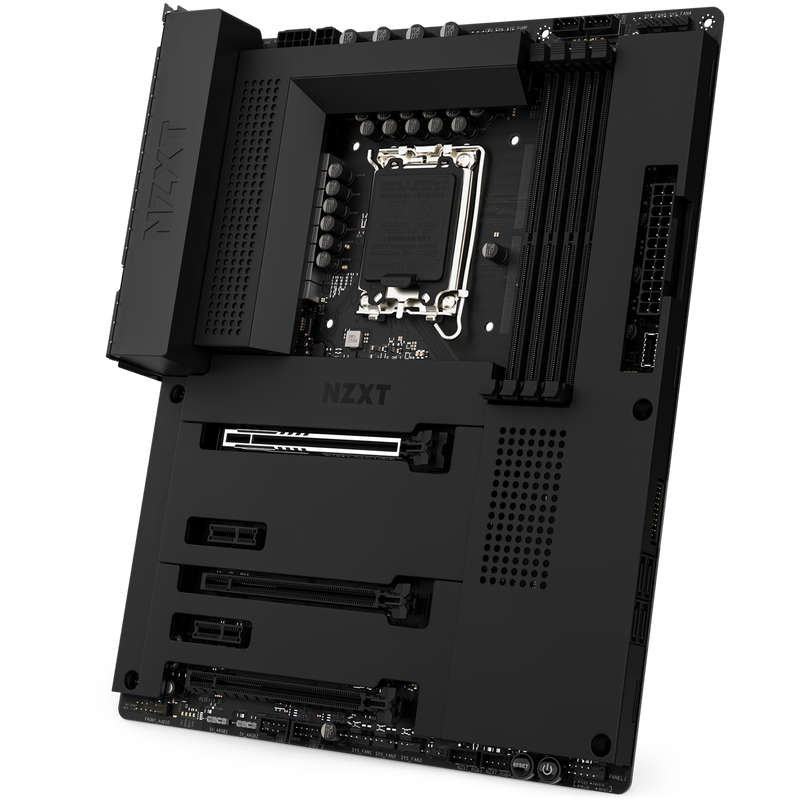 The NZXT N7 Z790 motherboard in black features memory slots, CPU socket, PCIe slots, connectors, sleek heatsinks, and a minimalist design. It supports NZXT CAM and customizable RGB lighting.
