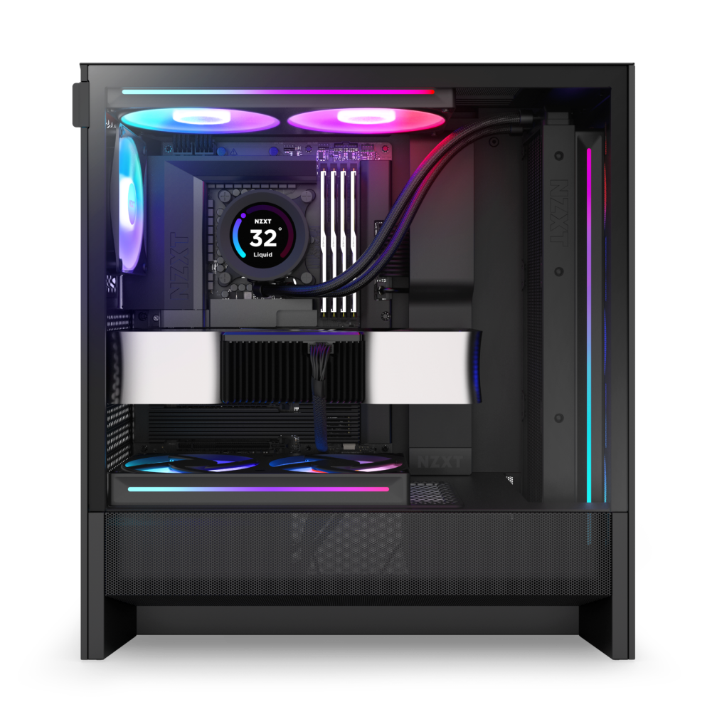 The NZXT N7 Z890 is a black gaming PC with RGB lighting, liquid cooling, and a 32° liquid digital display. Powered by Intel Core Ultra processors, its components are neatly arranged inside a glass-sided case for advanced gaming performance.