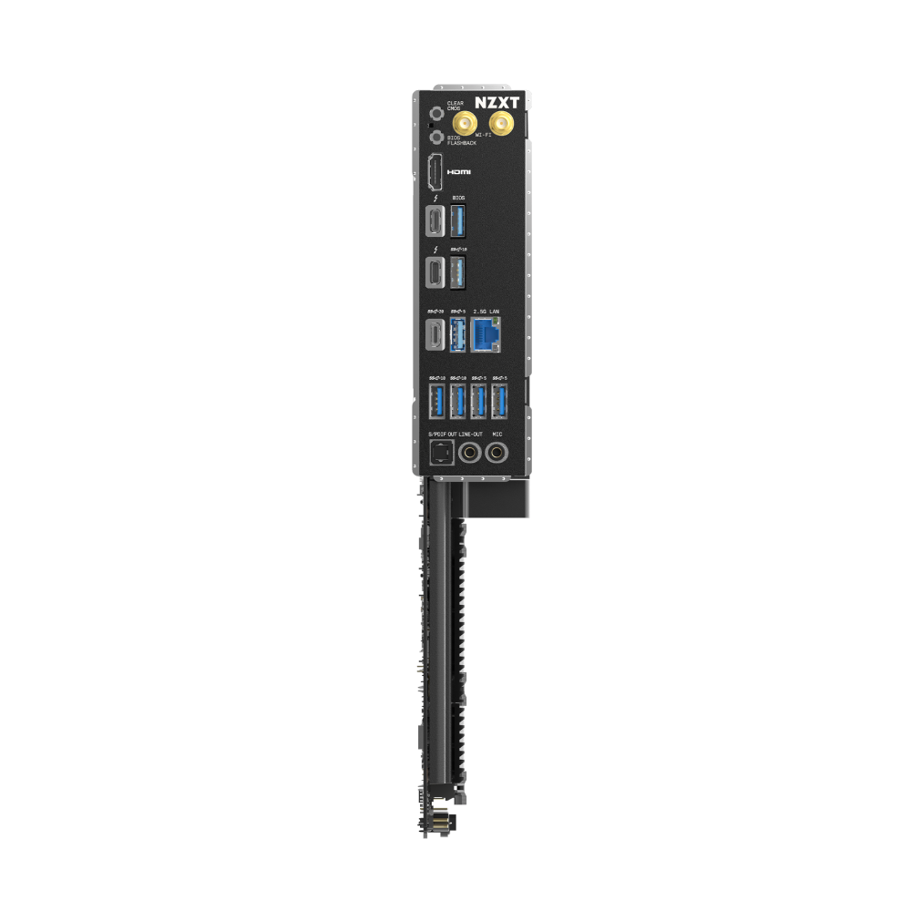 The NZXT N7 Z890 is a black motherboard I/O panel with USB, HDMI, DisplayPort, Ethernet, audio jacks, Wi-Fi antenna connectors, and a PCIe 5.0 slot extension for advanced gaming performance.