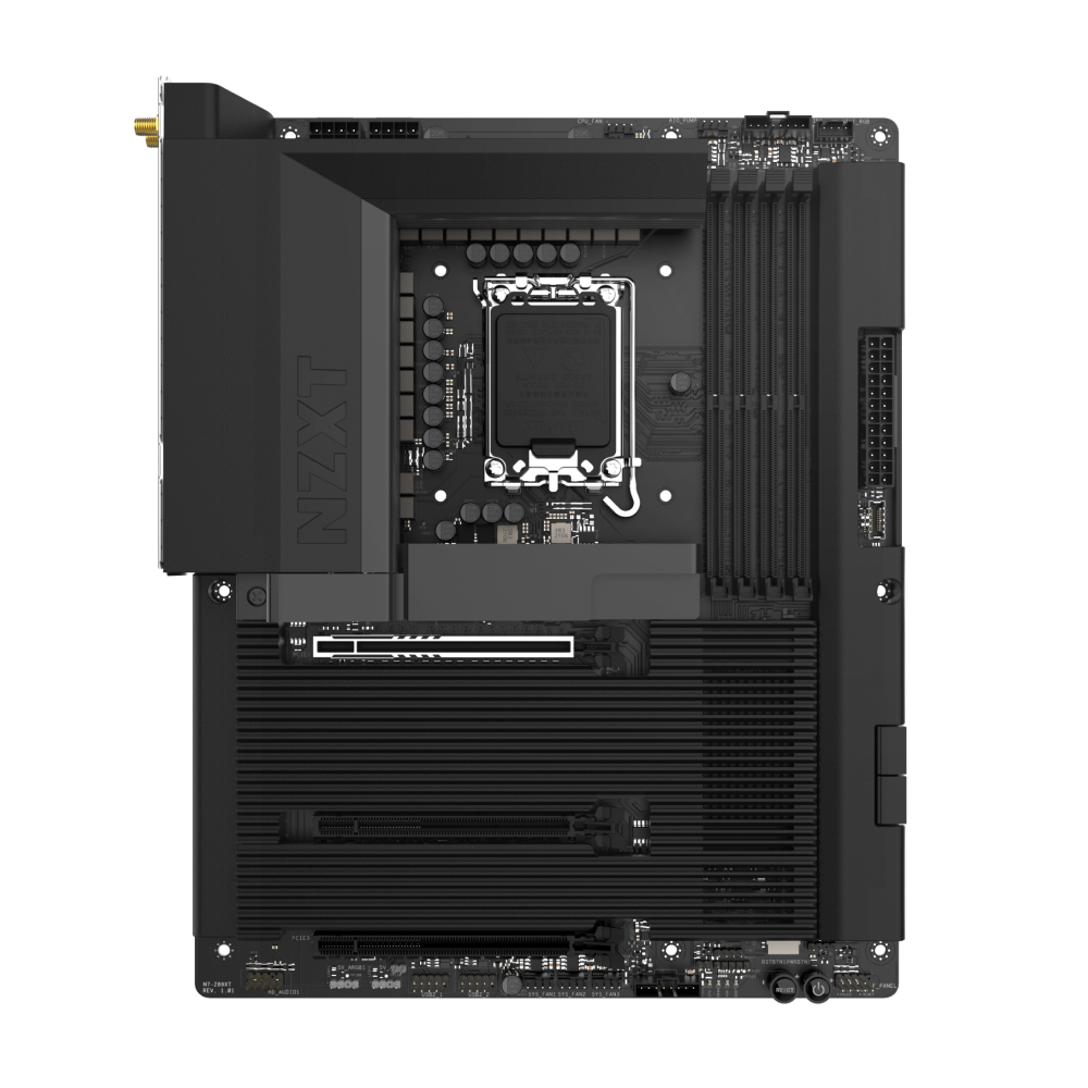 The NZXT N7 Z890 motherboard, shown from above on a white background, features a black design with a central CPU socket, four right-side RAM slots, PCIe 5.0 slots for gaming, multiple connectors, and integrated heatsinks.