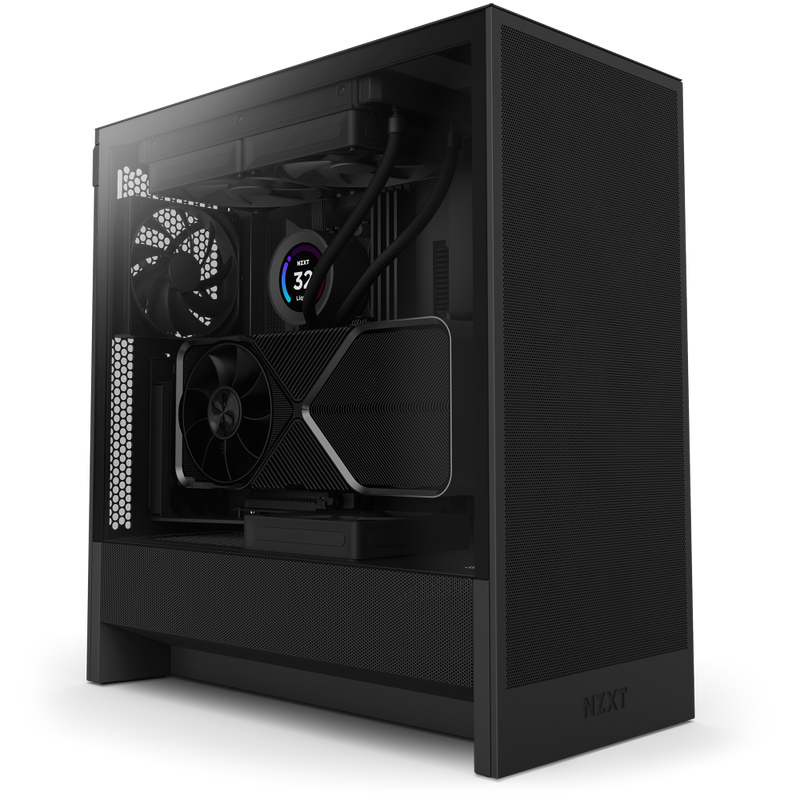 The NZXT H5 Flow is a black mid-tower gaming PC case with mesh panels for airflow, visible cooling fans, a circular LCD display reading 37, and a large graphics card, shown from a front-side angle.