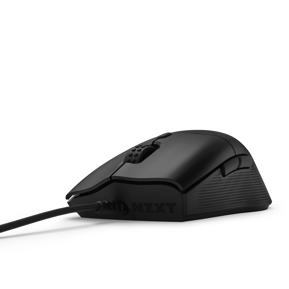 The NZXT Lift 2 Ergo, a black wired computer mouse with optical switches, side buttons, and NZXT branding, is displayed against a plain black background.