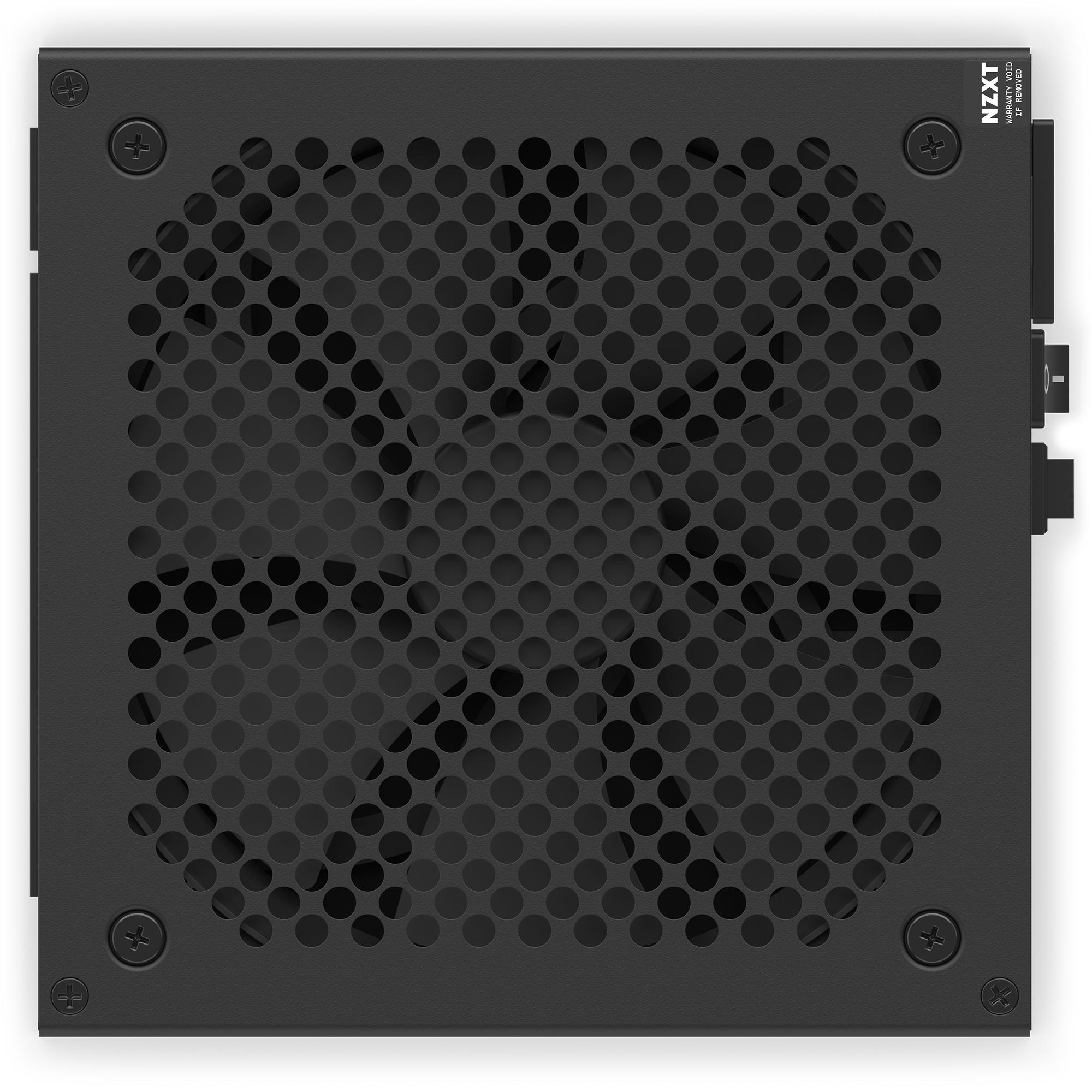 The NZXT C750 Gold is a black power supply unit with a large circular honeycomb grille and visible fan blades, delivering 750W of power and featuring Zero RPM Fan mode for quiet operation during low loads.