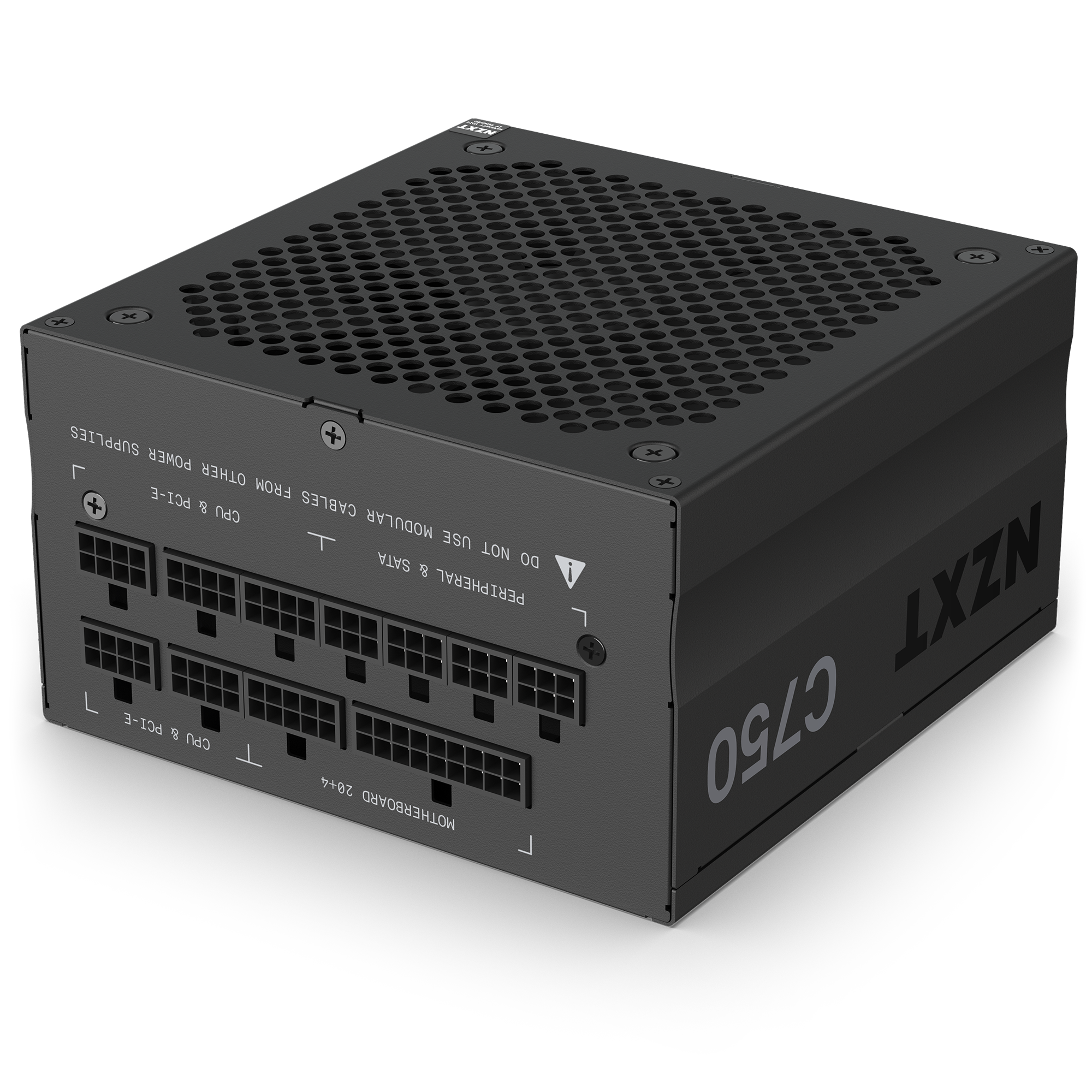 The NZXT C750 Gold is a black modular power supply with multiple labeled ports, vent holes on top, Zero RPM Fan mode for silent operation, and C750 Gold branding on the side.