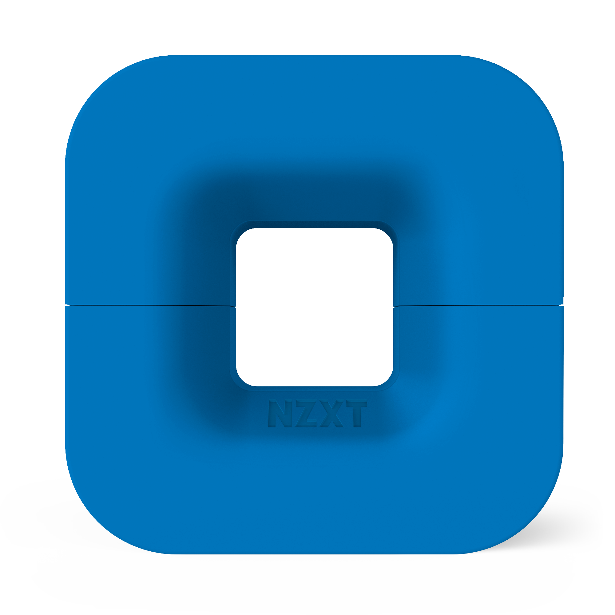 The NZXT Puck is a blue, square-shaped magnetic cable management tool with a hollow center and NZXT branding, shown on a light gray surface against a white background.